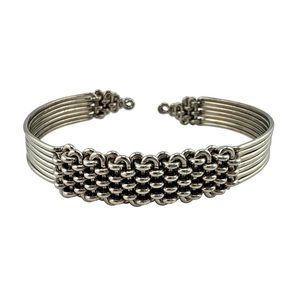Industrial Modern Woven Links Unisex Silver Tone Cuff 7" Fashion Bracelet